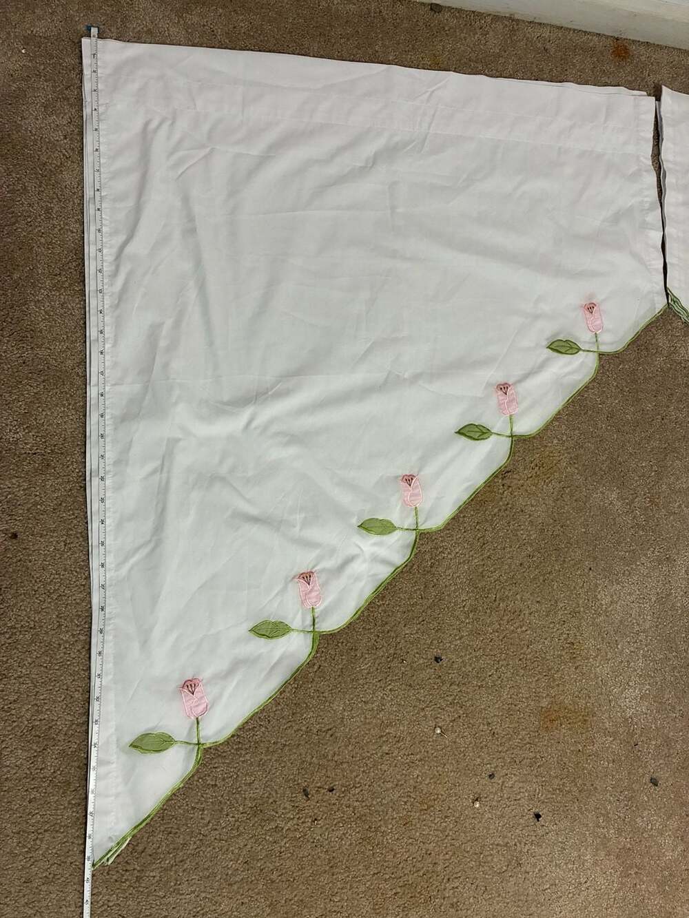 Virginia White Curtain Valance Embroidered Pink Tulips & Green Stem Scalloped Ed